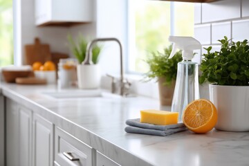 Clean kitchen countertop with sponge, citrus, and spray bottle near window