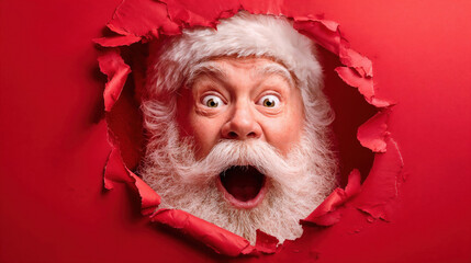 Obraz premium Shocked Santa Claus peeking from ripped red paper