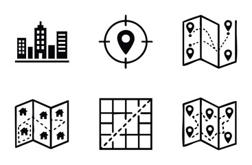 Collection of navigation and travel map icons including city buildings, location pins, routes, and houses for location planning and itinerary development.
