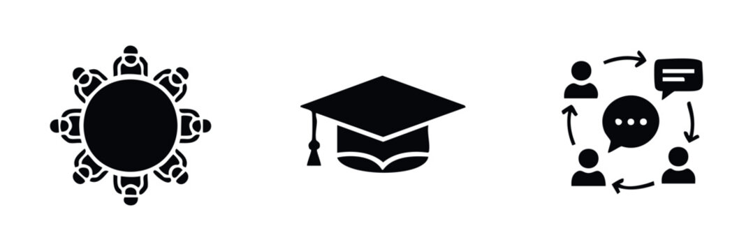 Set of three black icons representing collaboration meeting, academic graduation and communication exchange for business and education presentations.