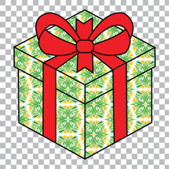 A closed, isometric gift box wrapped in green patterned paper and tied with a bright red ribbon and bow for christmas.