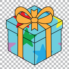 A vibrant, isometric view of a turquoise gift box adorned with colorful paint splatters and a festive orange ribbon and bow for xmas.