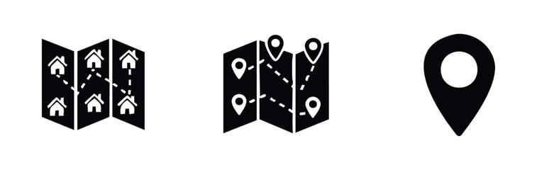 Collection of location pin and map icons symbolizing travel routes and home addresses for navigation and real estate concepts, ideal for app interfaces and travel guides.