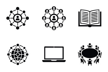 Collection of abstract icons representing network connections team collaboration learning technology and global communication ideal for business and educational presentations and web use
