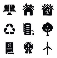 Collection of black glyph icons representing renewable energy and environmental sustainability for ecofriendly concepts and green initiatives.