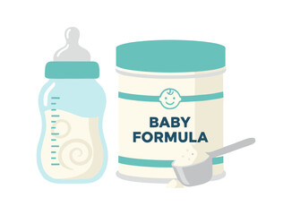 Baby formula can with bottle and measuring scoop