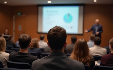 Male speaker giving presentation in lecture hall at university workshop. Audience in conference hall. Rear view of unrecognized participant in audience. Scientific conference event. High quality