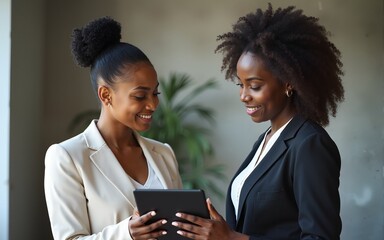 Black women, business and tablet in discussion or meeting for corporate strategy, planning or collaboration at office. African woman executive talking to employee on touchscreen technology at work