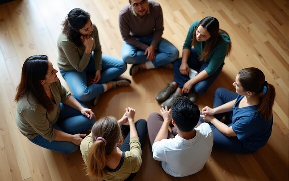 Top view of diverse people sitting in a close circle and talking to a therapist. Cropped image of unidentified people receive help and support during a group therapy session. Concept of group therapy. - Powered by Adobe