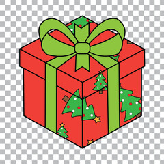 A red gift box with a green ribbon and bow, decorated with small green Christmas trees on its sides.