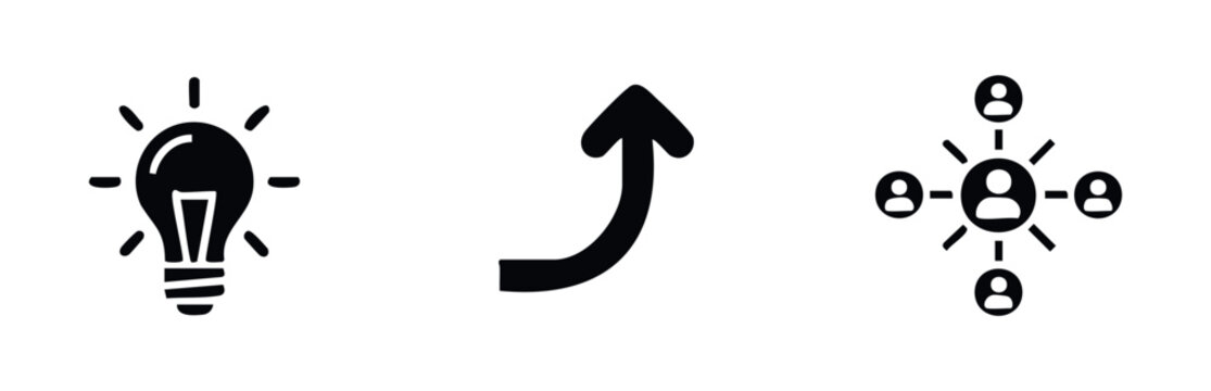 Concept of innovation leading to progress and collaboration shown through icons of a lightbulb, upward arrow, and network of people for business and technology presentations