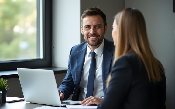 Business meeting, advice and man, accountant or manager b2b planning, client talking or finance consulting. Helping, support or advice of financial advisor, accounting ceo or senior person interview