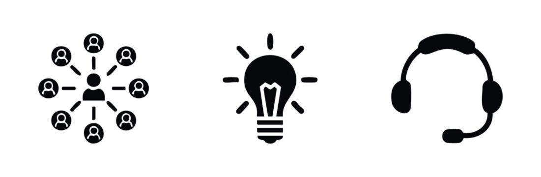 Collection of modern flat icons representing teamwork, ideas, and communication services for business and technology themes.