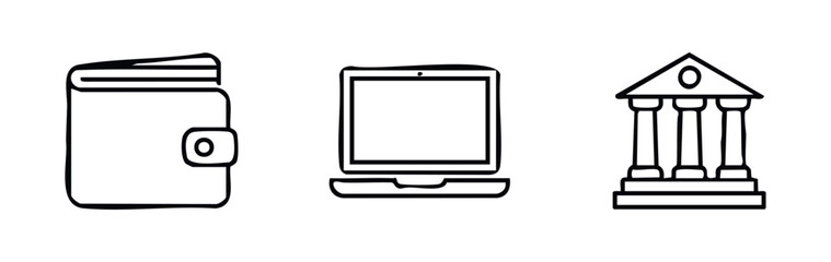 Simple outline icons representing financial concepts like a wallet for cash, a laptop for online banking, and a courthouse for institutions, suitable for business and finance related