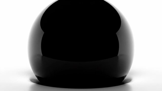 Perfectly smooth polished obsidian sphere expanding slowly against a pure featureless white void suggesting a conceptual event horizon or cosmic creation dark, concept, motion