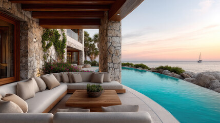 Obraz premium Modern coastal sanctuary with stone wall, infinity pool, wooden furniture, lush plants, ocean view, and sunset ambiance