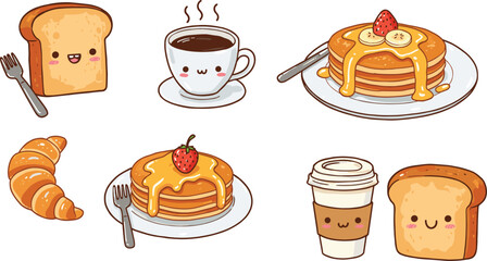 Cute breakfast food illustration set featuring kawaii pancakes, toast, croissant, coffee, and adorable cartoon character designs for playful culinary artwork