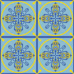 A geometric floral tile pattern in blue and yellow, ideal for wall art, fabric prints, decorative backgrounds, or pattern design projects. Suitable for modern or Mediterranean-inspired themes.