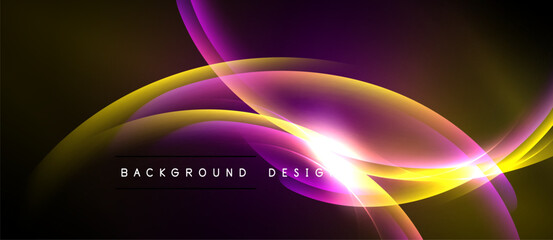 Abstract flowing shapes, vibrant colors, dynamic light effects. Background features smooth gradients, modern design elements.