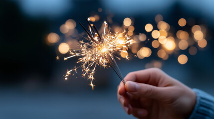 Festive scene with hands holding sparkling golden sparklers against soft blue bokeh background, glowing trails of light, dynamic sparks, and magical celebratory atmosphere
