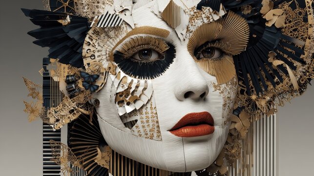 Artistic Mixed Media Mask with Gold and Black Accents