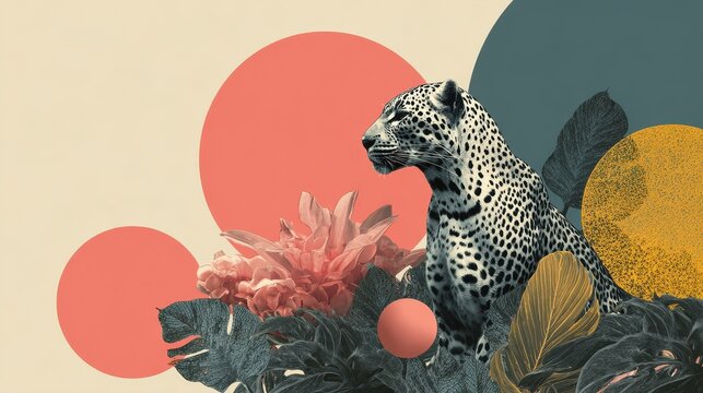 Stylish collage of a leopard with tropical leaves and geometric shapes
