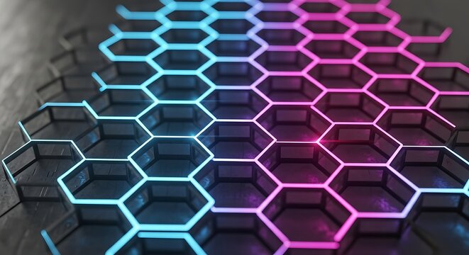 Abstract hexagonal grid with glowing blue and pink neon lights on a dark textured surface.
