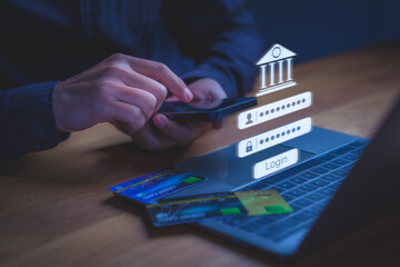 User accessing online banking through smartphone with digital login credential displayed above a laptop, symbolizing secure transaction, financial technology, authentication, and digital banking.