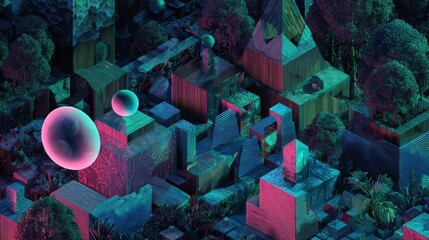 Isometric Abstract Digital Landscape with Geometric Forms and Orbs