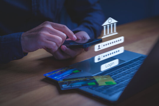 User accessing online banking through smartphone with digital login credential displayed above a laptop, symbolizing secure transaction, financial technology, authentication, and digital banking.