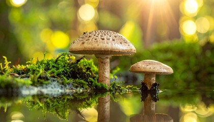 The fresh and natural mushrooms of the forest are in season and in the concept of the mystical forest texture with their reflections on the water's edge.