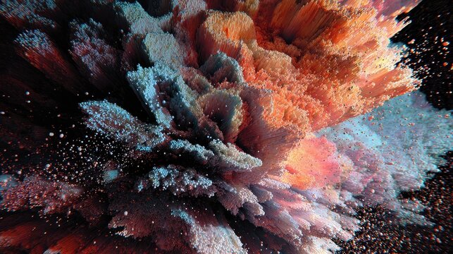 Abstract three-dimensional explosion of textured colorful particles
