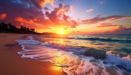 Ocean waves meet a sandy beach at sunset with vibrant colors lighting up the sky and reflecting in the water