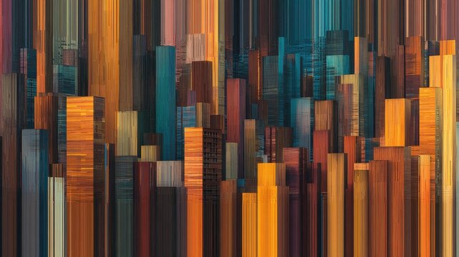Abstract pixelated cityscape with vertical blocks in warm and cool colors