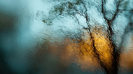 Abstract view of a blurred tree and sky through a rainy window.