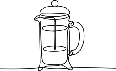 Continuous line art illustration of French press pot with coffee inside using handmade contour