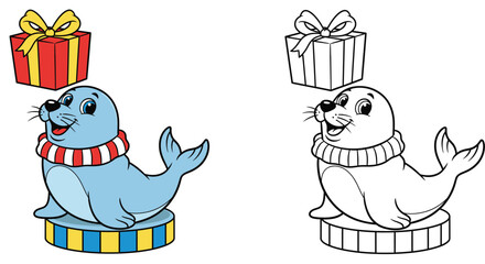 Cute seal wearing scarf balancing Christmas gift box on head vector illustration with black and white coloring page outline isolated on white background.