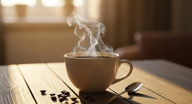 A steaming cup of coffee sits on a wooden table with coffee beans scattered around.