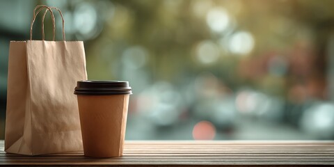 A warm coffee cup sits beside a paper shopping bag, set against a blurred street background