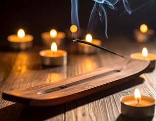 Incense stick in wooden holder with candles and smoke, moody ambiance