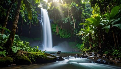 Lush tropical waterfall cascading into clear pool, surrounded by vibrant green foliage, sun shining through trees