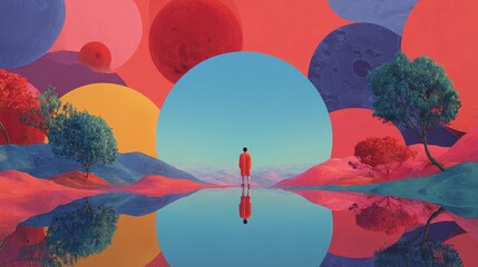 Solitary figure in vibrant surreal landscape with celestial bodies and reflections.
