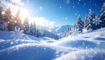 Sunlit snowy valley with evergreen trees and stylized snowflakes scattered in the bright blue sky