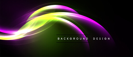 Abstract vibrant waves, purple, yellow, green hues. Dark background creates dynamic visual effect. Modern design element.