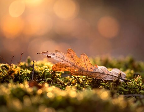 Close-up of autumn oak leaf with blurred sunlight and moss background