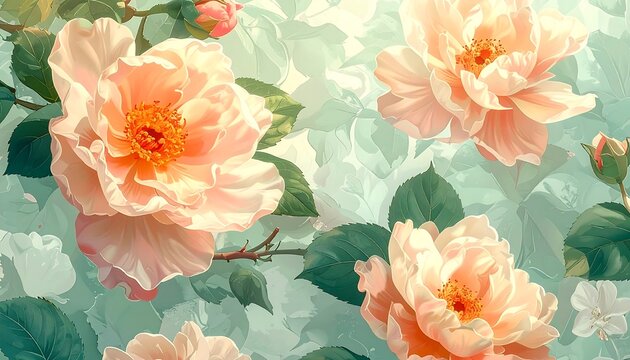Elegant light peach roses with leafy vines in a pastel background creating a soft, dreamy, floral pattern