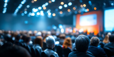 An audience engaged at a corporate event, showcasing the importance of communication in business settings. The blurred stage adds to the atmosphere of anticipation and focus.