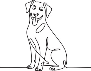 Continuous line art illustration of happy dog in seated pose with handmade contour