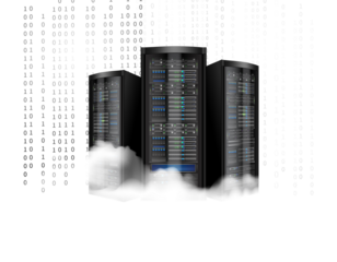 Three tall server racks emerging from fluffy white clouds with a digital data stream background isolated on transparent background