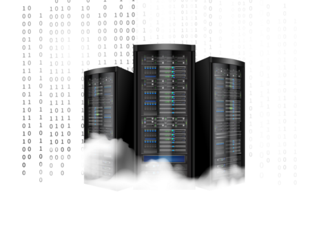 Three tall server racks emerging from fluffy white clouds with a digital data stream background isolated on transparent background